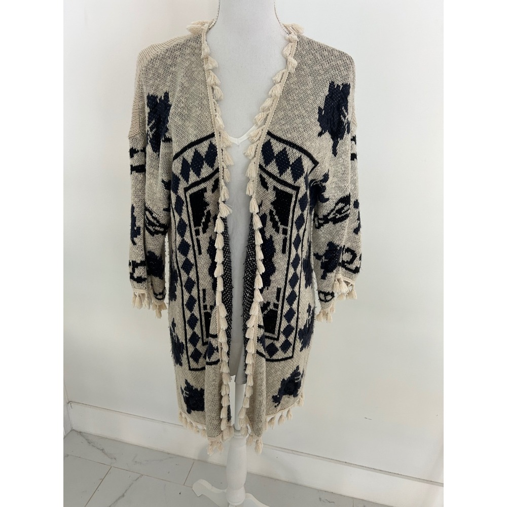 World Market Womens OS Cream Black Tassel Trim Southwestern Open Front Cardigan